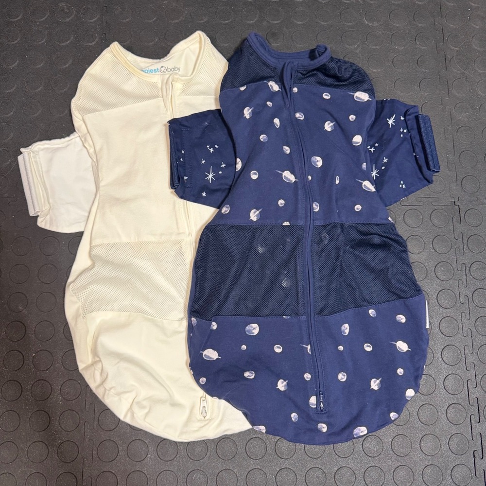 Happiest Baby SNOO Sack Set of 2 Organic Cotton Swaddles Small Ivory Navy Galaxy